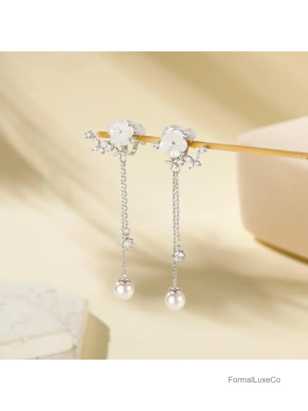 Clip On Dangle Pearl Drop Earrings - 14K Gold Plated, Dainty Flower, Bridal